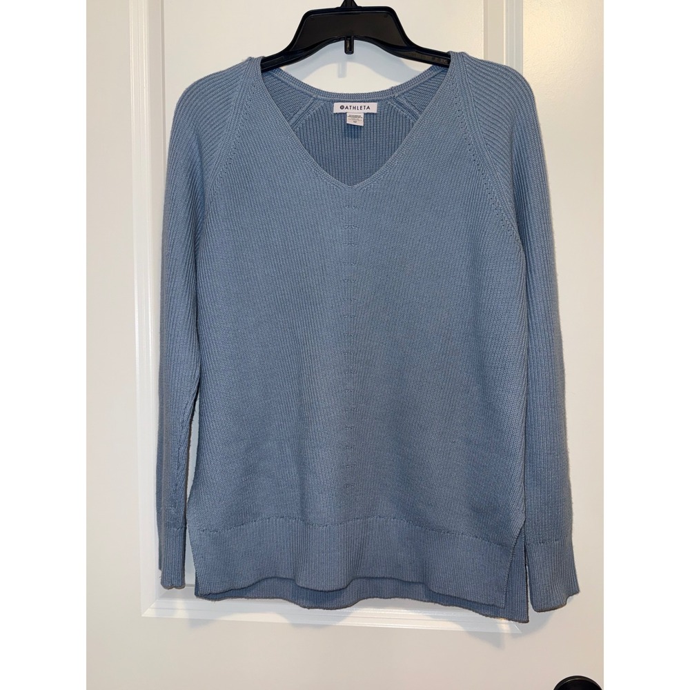 Athleta V-Neck Sweater Women XS Blue  Merino Wool Blend‎ Ribbed Knit Raglan